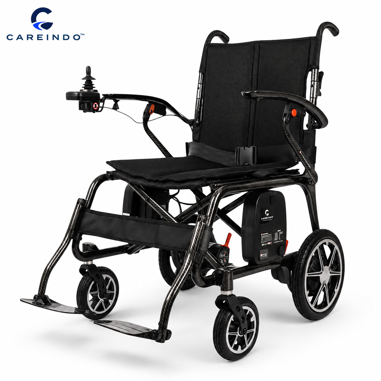 Kursi roda elektrik carbon fiber Careindo tampak samping dan siap dibawa traveling