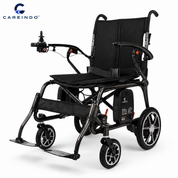 Kursi roda elektrik carbon fiber Careindo tampak samping dan siap dibawa traveling