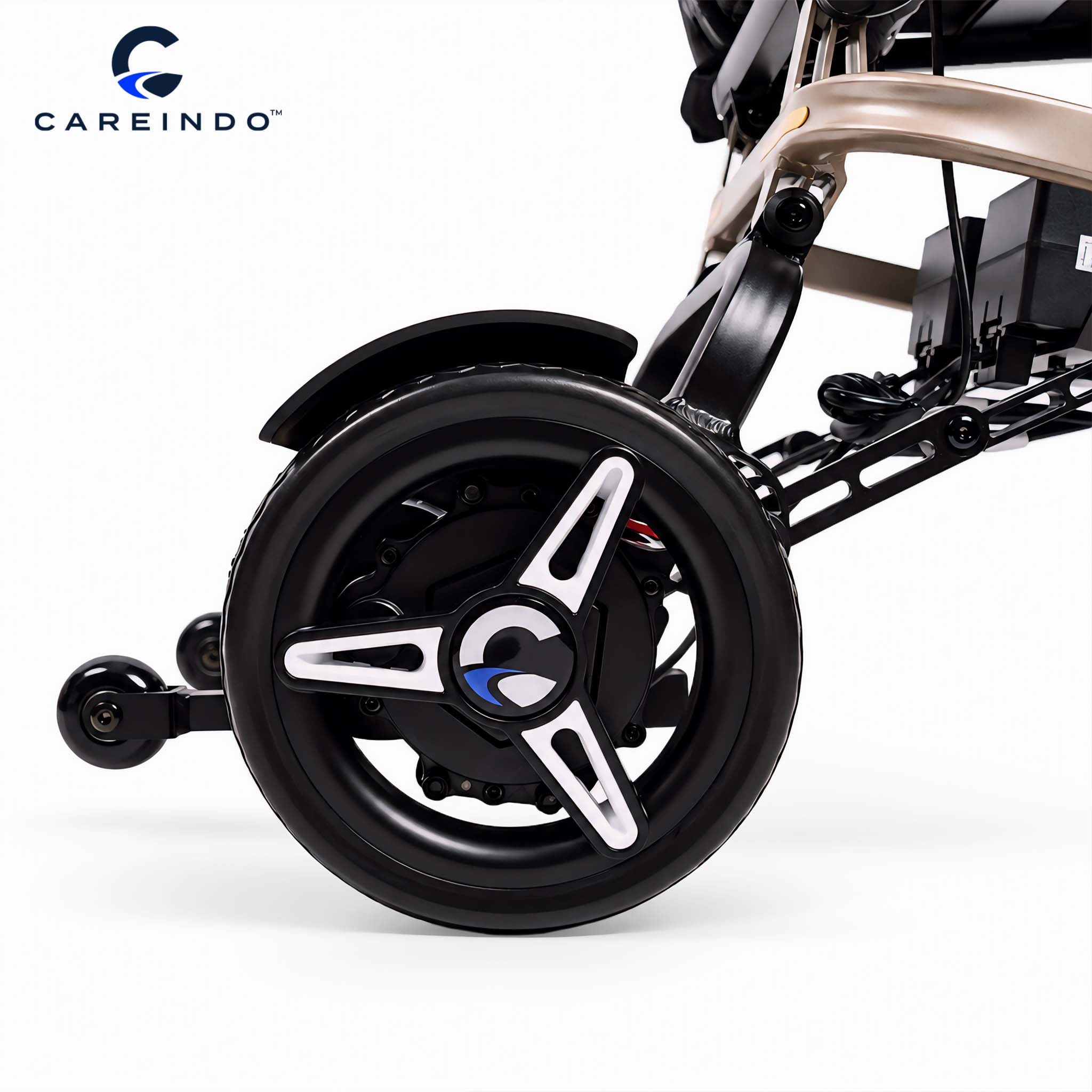 Kursi Roda Elektrik Magnesium Careindo Terra Mag One Champagne Gold – Sangat Ringan, Ringkas, All Terrain, Outdoor, Indoor, Bisa Dibawa Pesawat