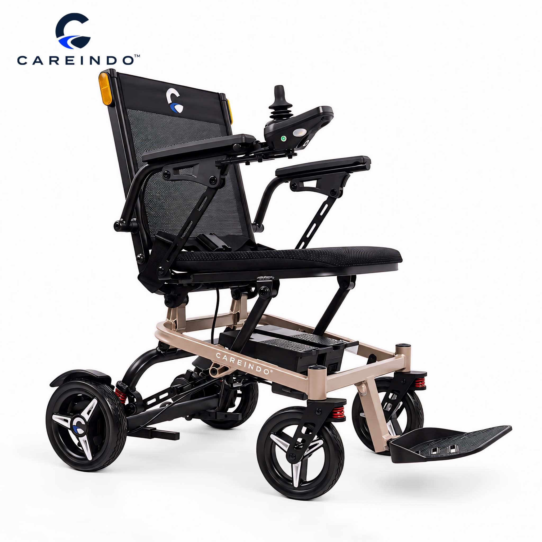 Kursi Roda Elektrik Magnesium Careindo Terra Mag One Champagne Gold – Sangat Ringan, Ringkas, All Terrain, Outdoor, Indoor, Bisa Dibawa Pesawat