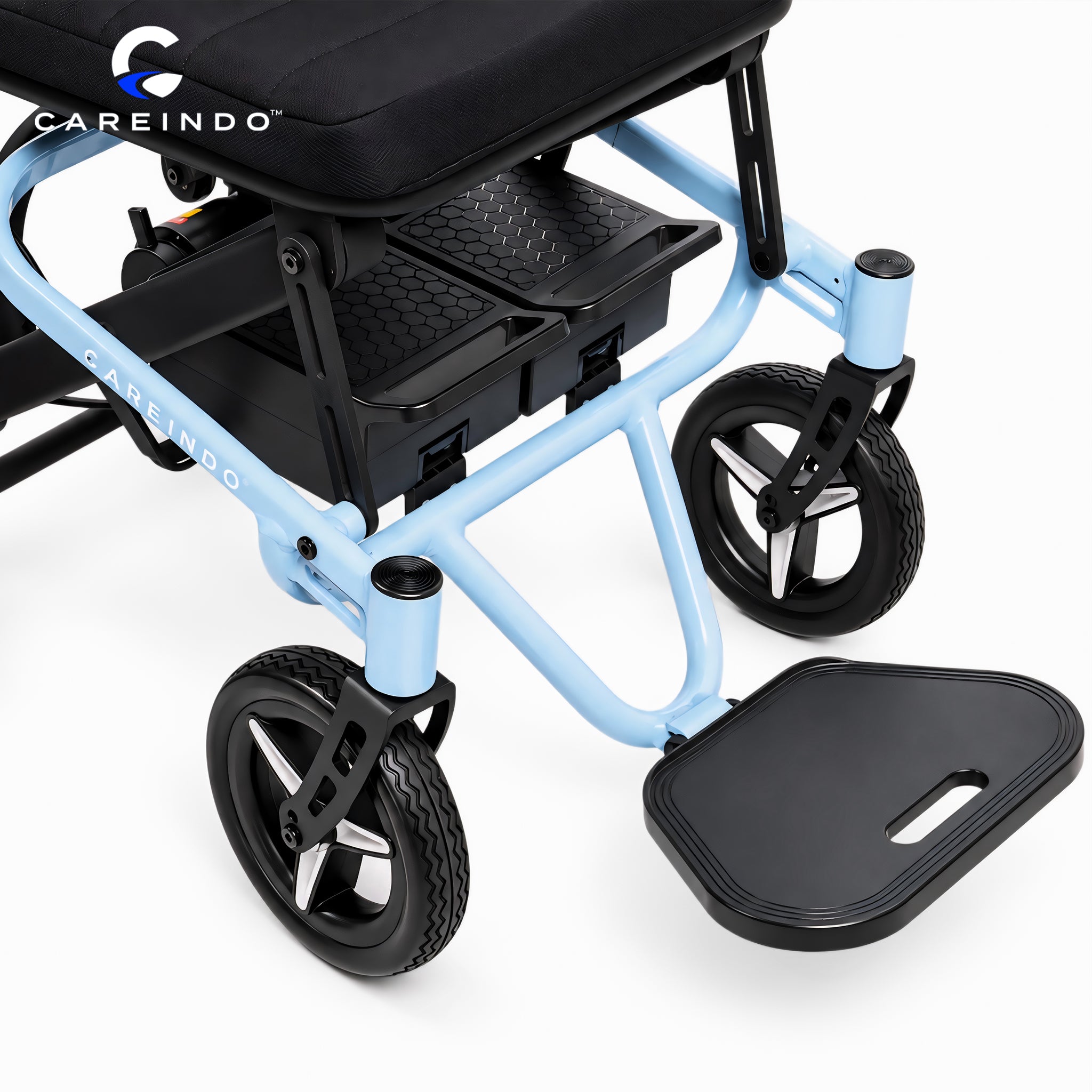 Kursi roda elektrik ringan Careindo Terra One Ice Blue Tatakan Kaki