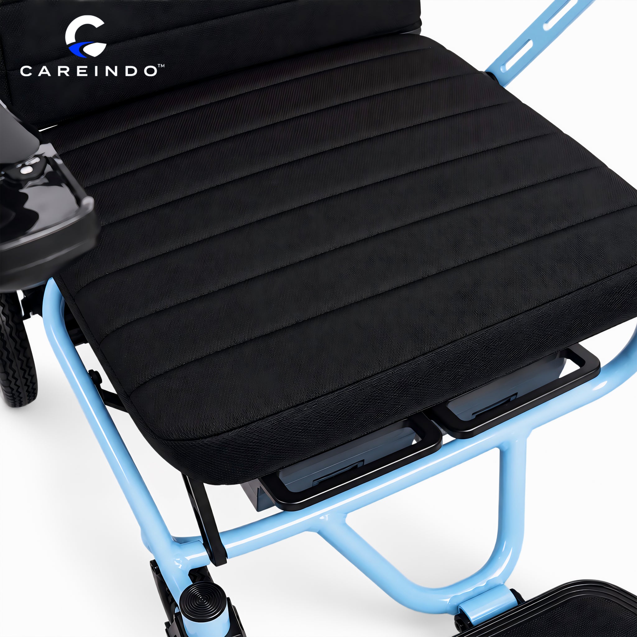 Kursi roda elektrik ringan Careindo Terra One Ice Blue Jok Empuk