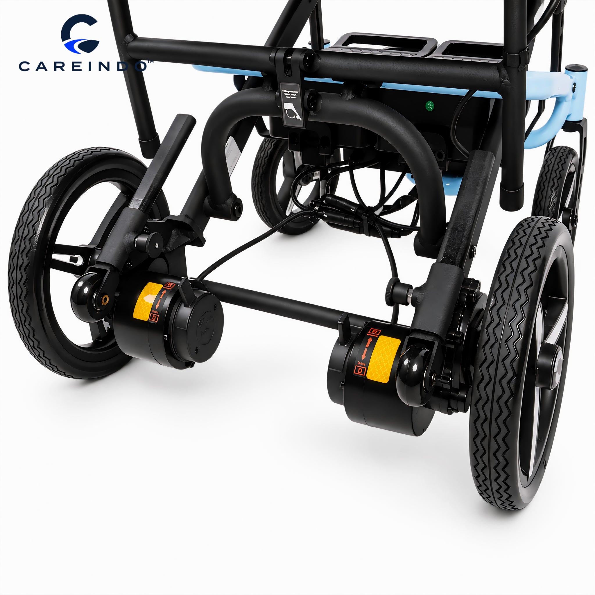 Rem Elektromagnetik Kursi roda elektrik ringan Careindo Terra One Ice Blue Tampak Samping