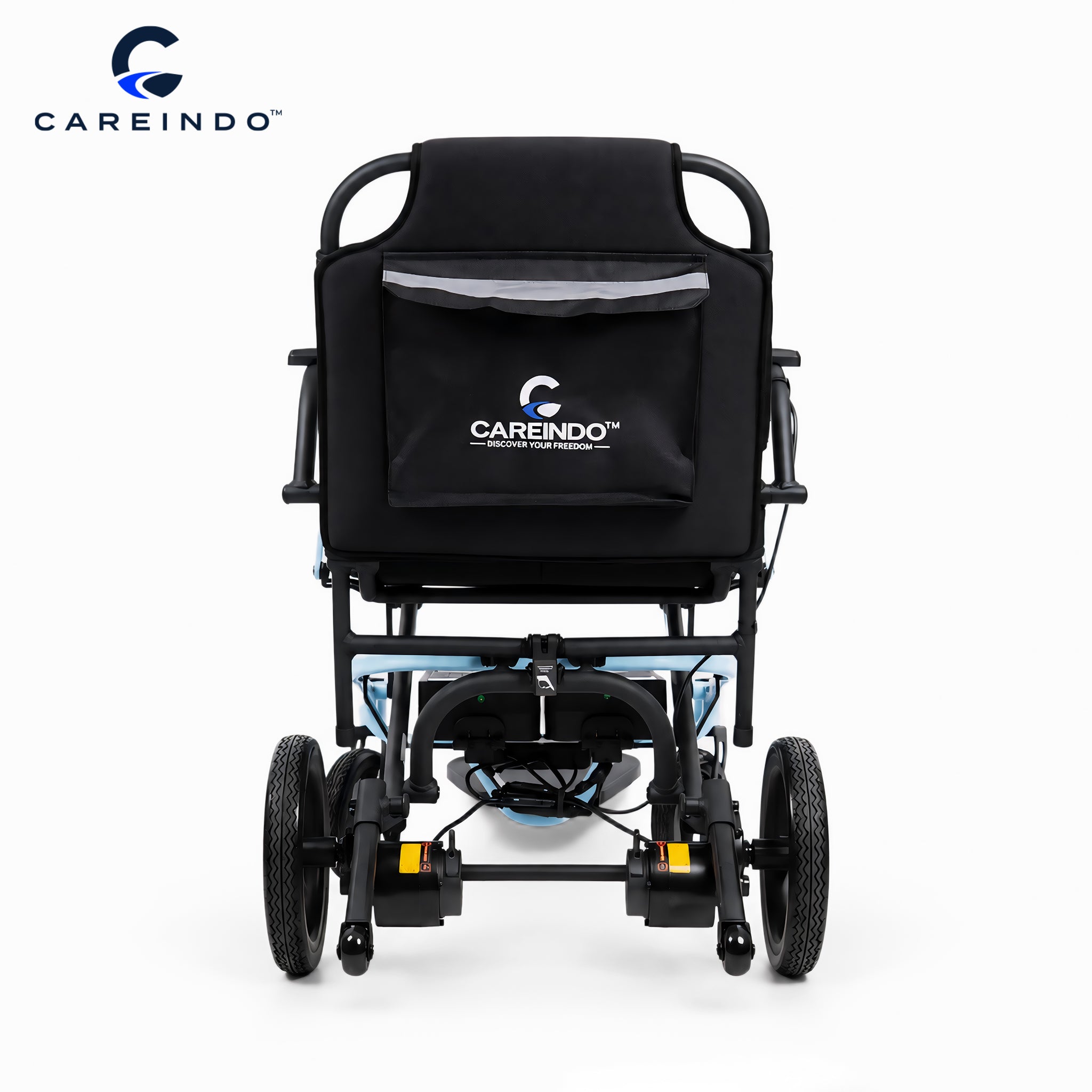 Kursi roda elektrik ringan Careindo Terra One Ice Blue Tampak Belakang