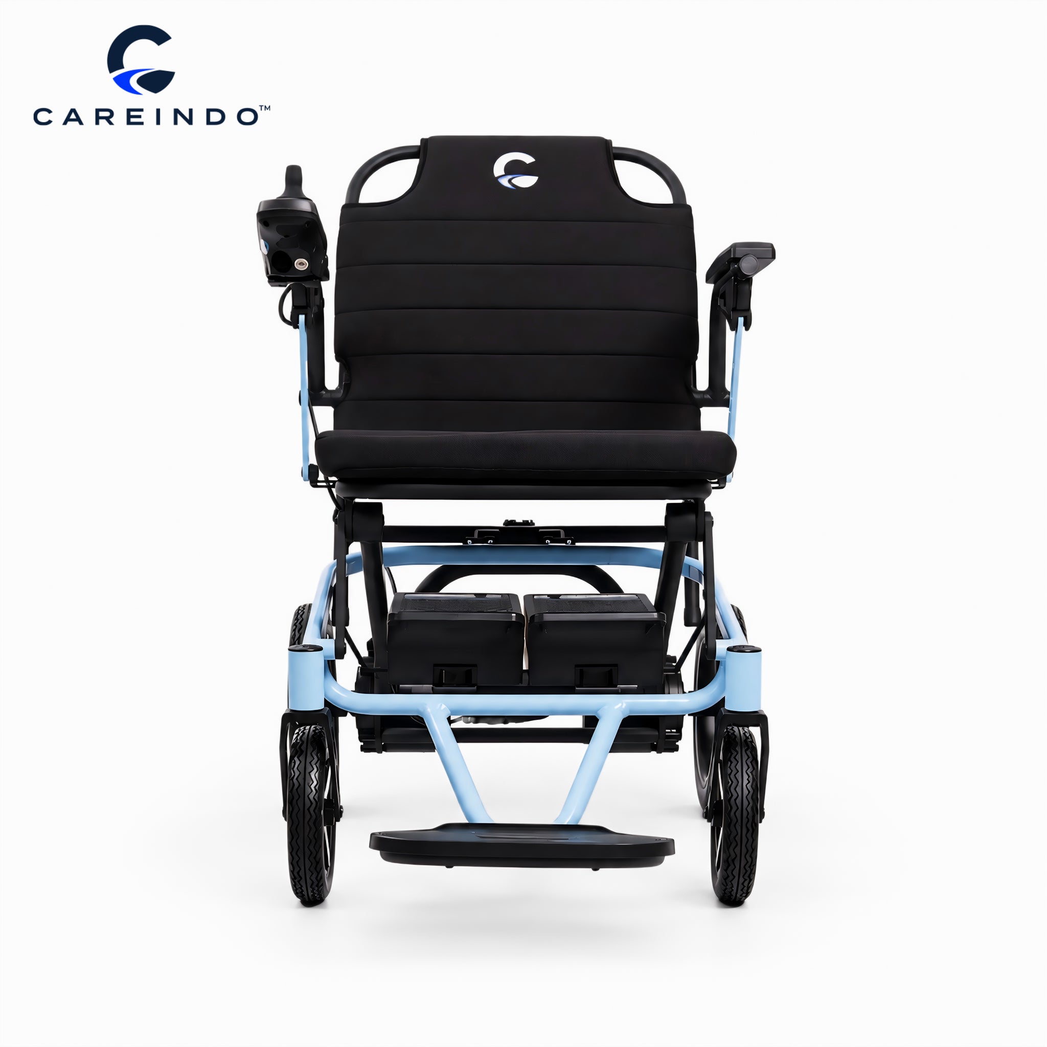 Kursi roda elektrik ringan Careindo Terra One Ice Blue Tampak Depan
