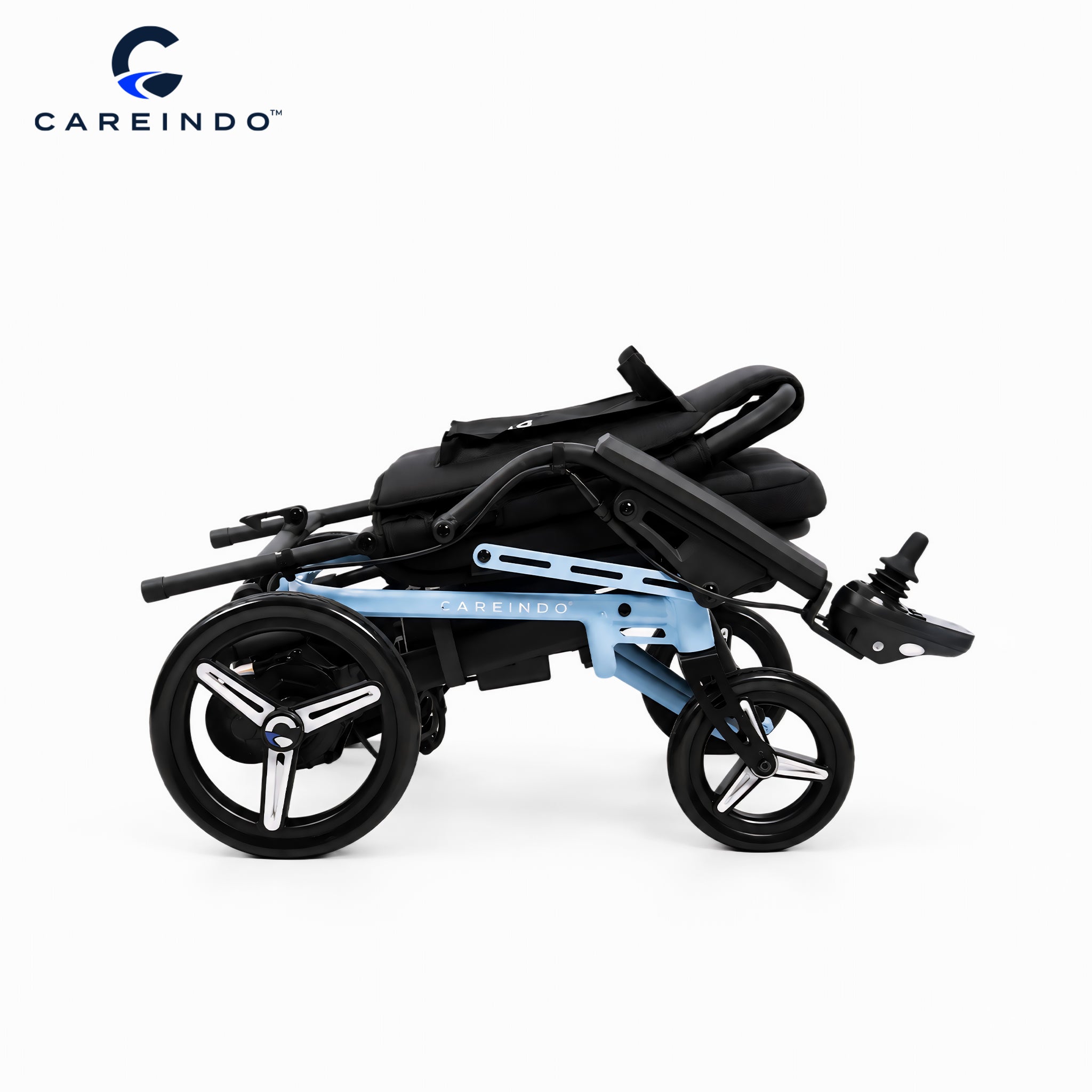Kursi roda elektrik ringan Careindo Terra One Ice Blue Lipat Telungkup